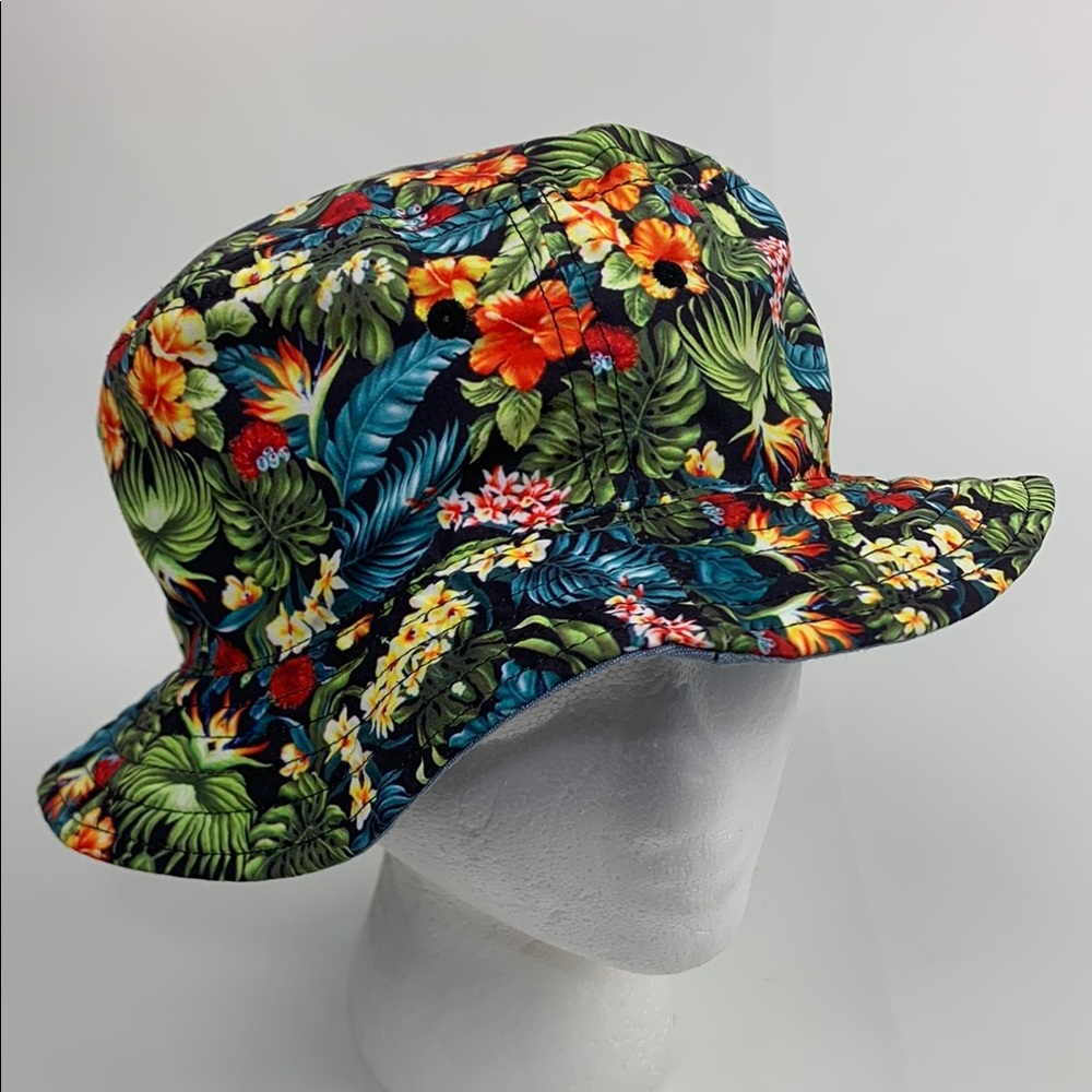 Floral Bucket sun golf beach Hat Multicolored Blue denim lining One Size